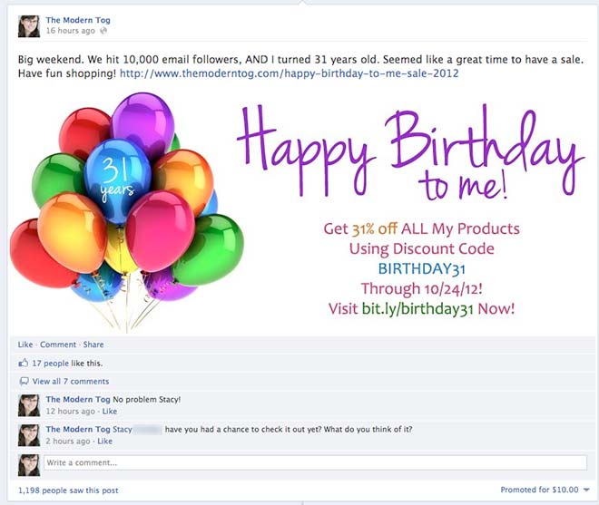 Facebook Birthday Sale Promoted Post and Results