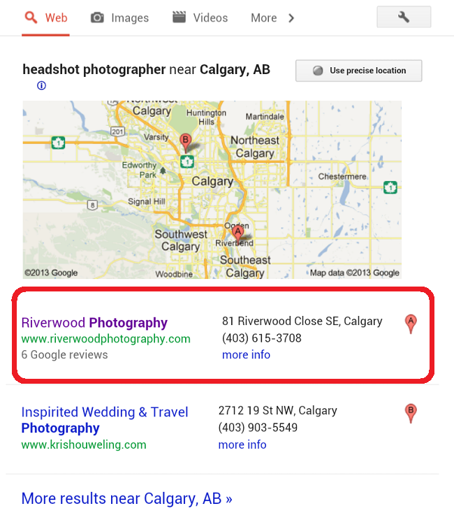 Google Local Search Results for Headshot Photographer