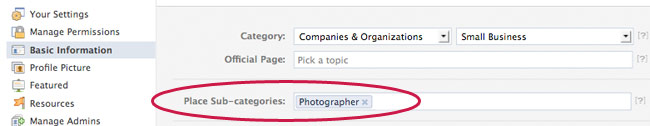 facebook page sub category