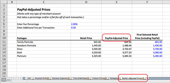 Photographer's Pricing Guide Workbook PayPal Adjusted Prices Tab