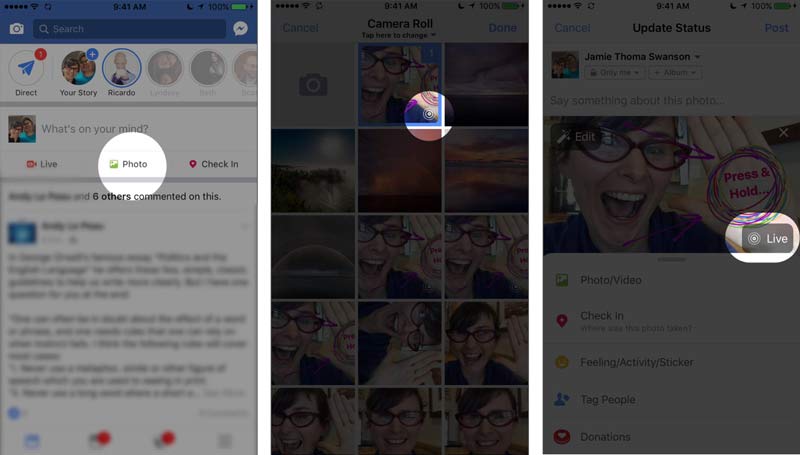 how to upload live photos and images to facebook for a press and hold reveal post